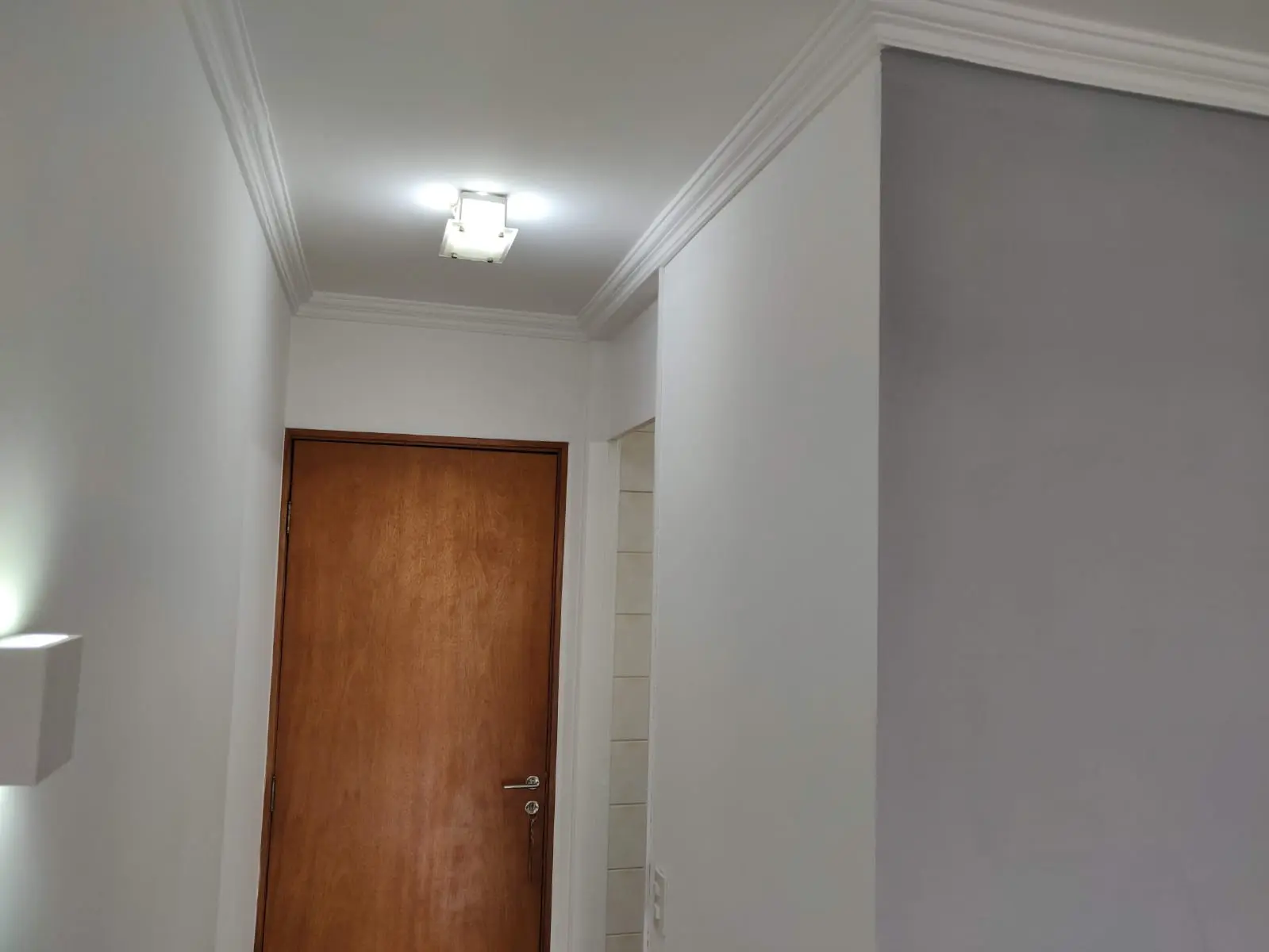 Serviços 3 Aplicação de verniz e pintura da porta, pintura das paredes e moldura de gesso.