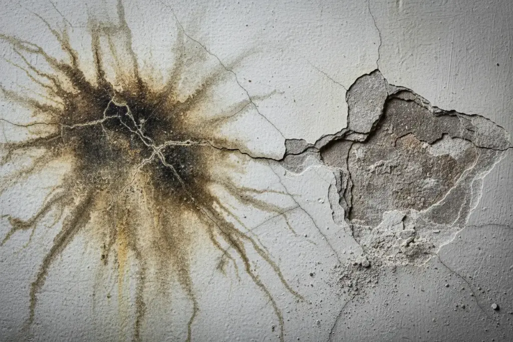 O que Fazer Quando o Reboco da Parede Está Esfarelando? Saiba Como Resolver de Forma Precisa! 1 Ilustração de parede com bolhas e reboco esfarelando, indicando problemas de umidade e infiltração
