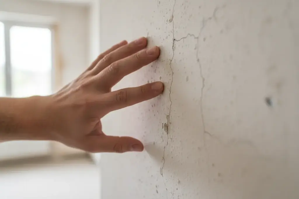 O que Passar na Parede Antes de Pintar? Os Segredos para uma Pintura Perfeita e Duradoura! 1 Mão de profissional avaliando imperfeições na parede