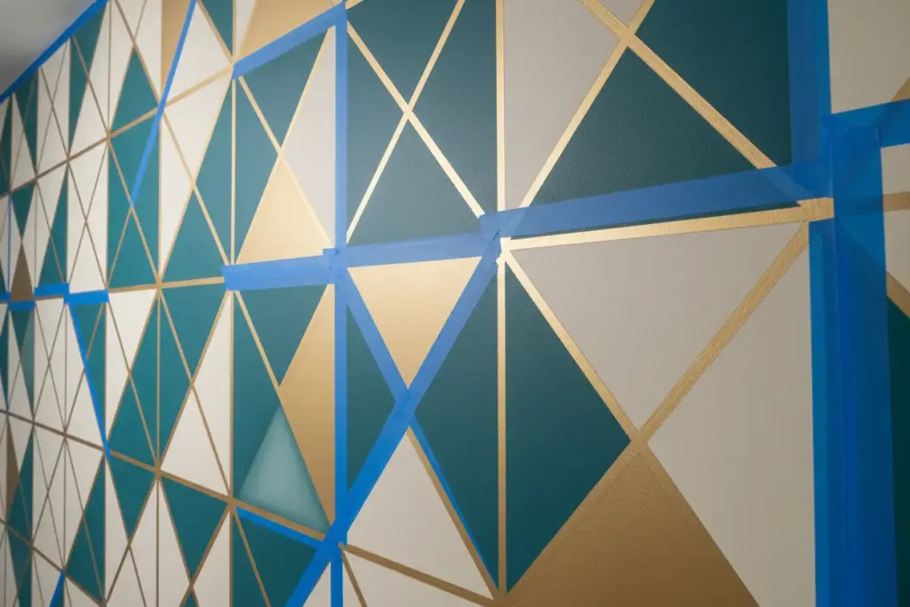 Parede com pintura geométrica usando fita adesiva