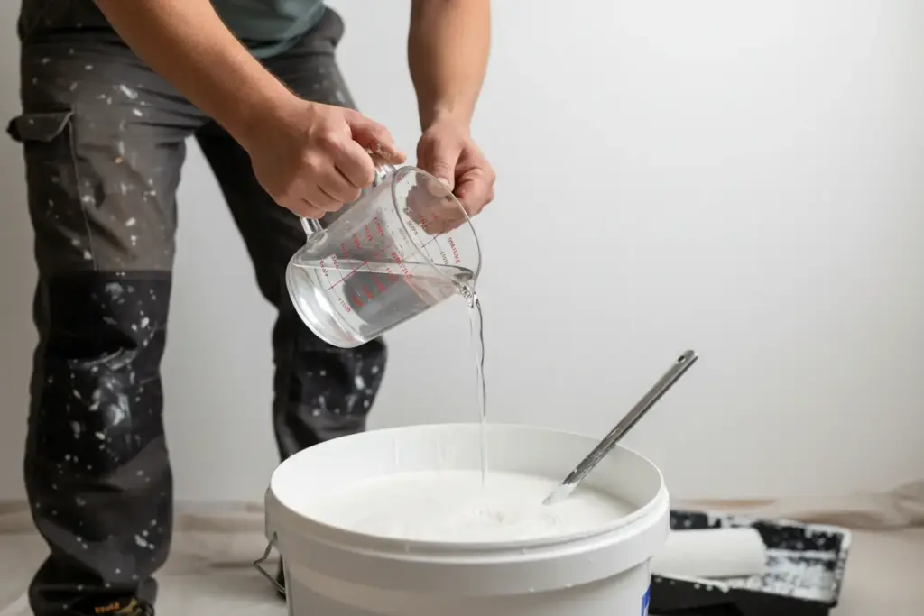 Como Diluir Tinta para Pintar Parede? Tudo o que Você Precisa Saber para uma Plena Pintura! 2 Pintor diluindo tinta em um balde com agitador manual