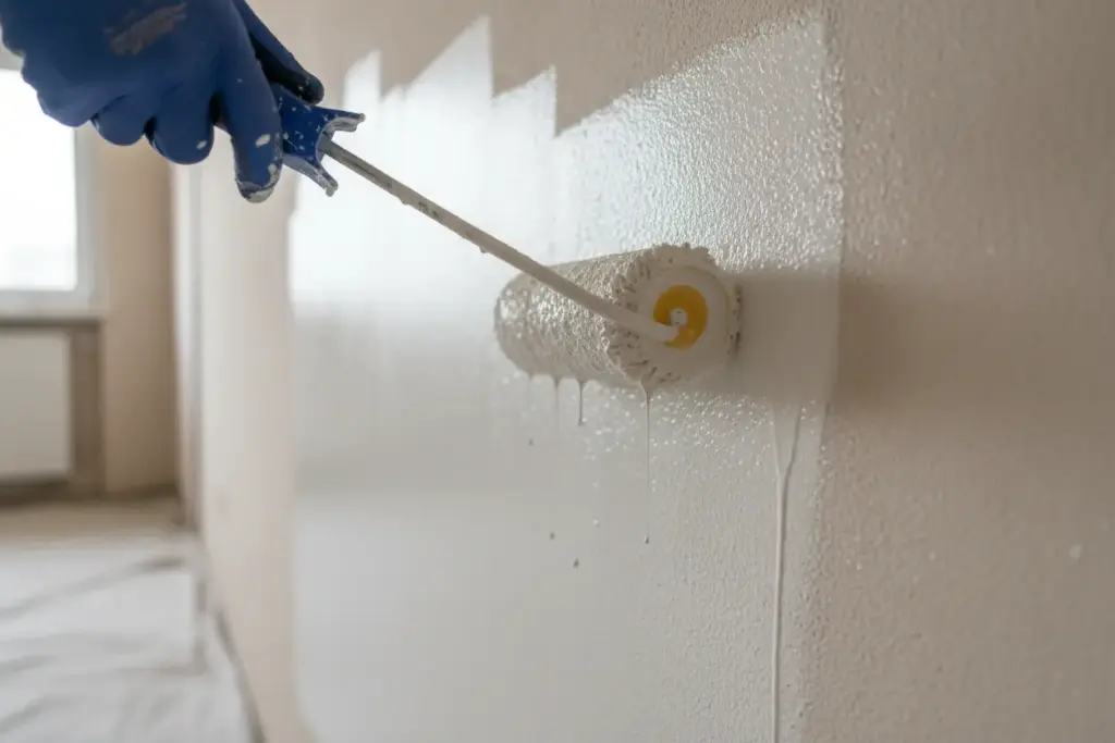 O que Passar na Parede Antes de Pintar? Os Segredos para uma Pintura Perfeita e Duradoura! 2 Pintor aplicando fundo preparador com rolo em superfície de alvenaria