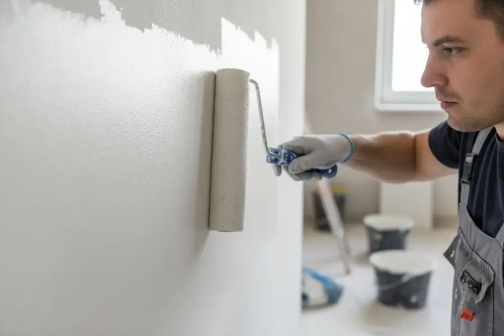 Aplicação uniforme de gesso com rolo na parede