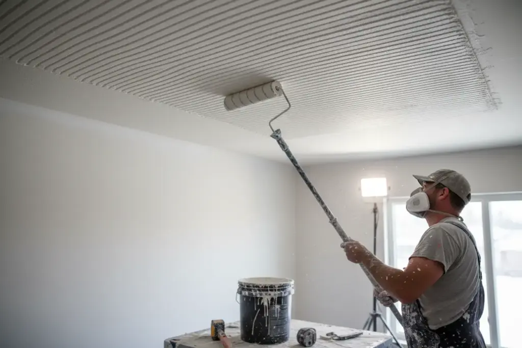 Aplicação detalhada de massa corrida com o rolo