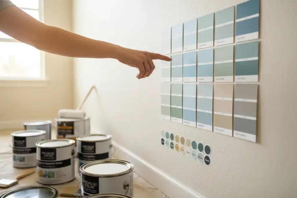 Latas de tinta e amostras de cores para ambientes