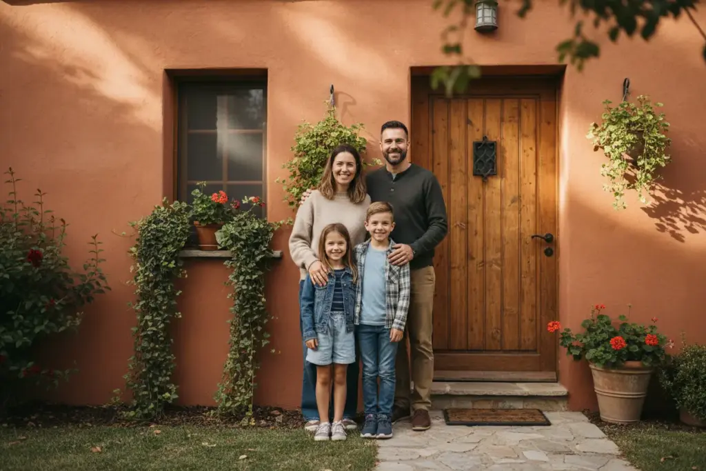 Cor Terracota Parede Externa: Os Melhores Ambientes para Aplicar essa Cor! 1 Família feliz em frente a uma casa com parede terracota