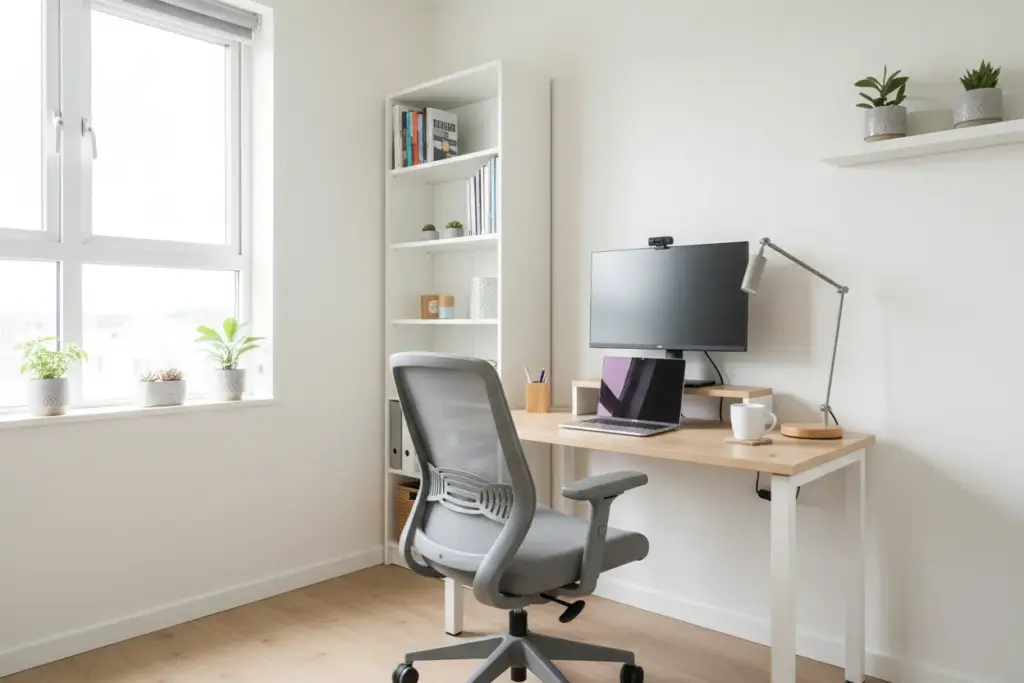 Cor de Parede para Escritório: Saiba Como Escolher a Cor Ideal! 1 Escritório pequeno com paredes brancas para amplitude
