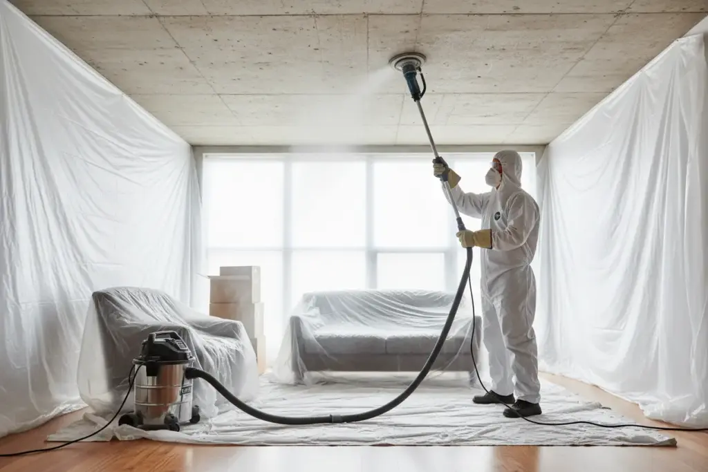 Técnica de lixamento de teto com mínima sujeira.