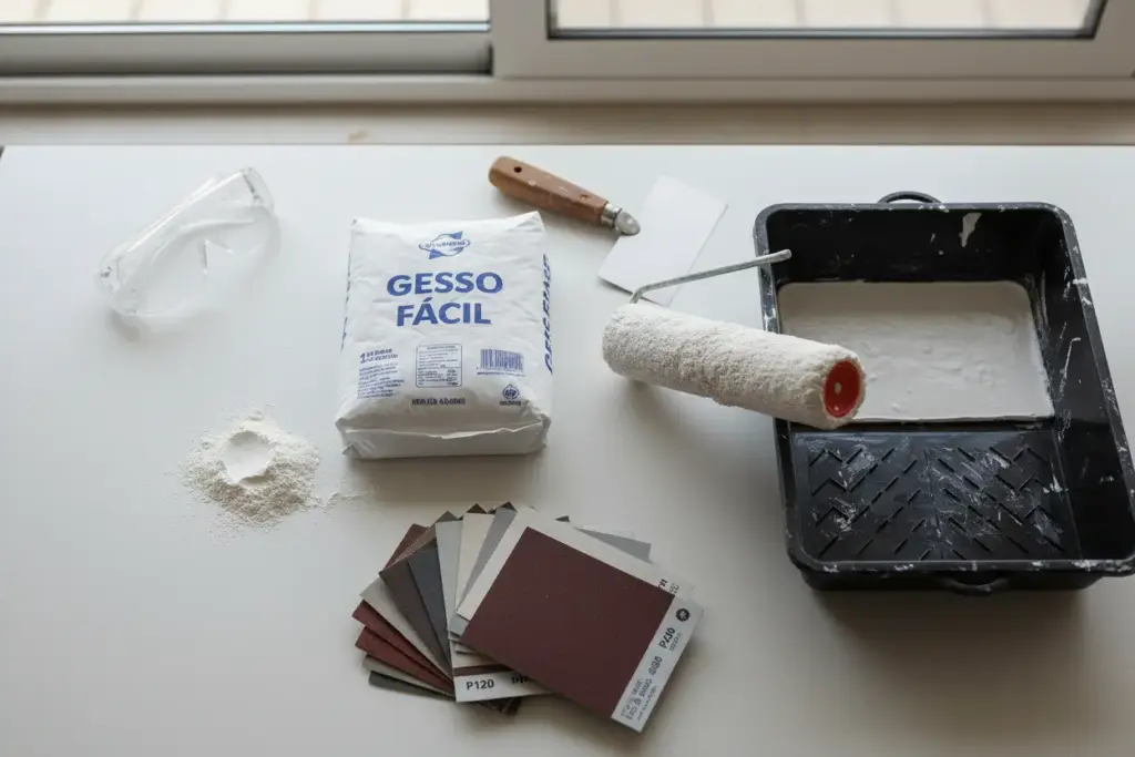 Materiais necessários para aplicação de gesso com rolo