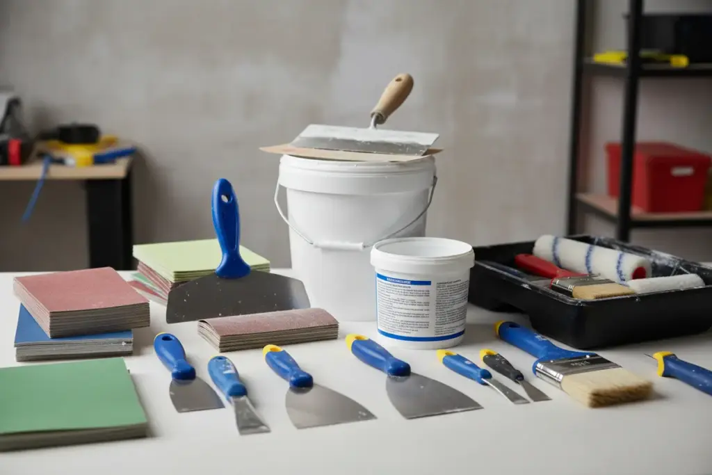 Ferramentas e materiais para reparo em parede descascada