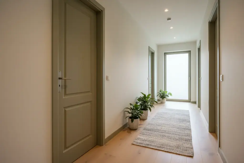 Porta de madeira pintada em tom de verde oliva