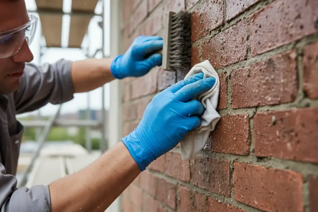 Profissional preparando parede para aplicação de argamassa.