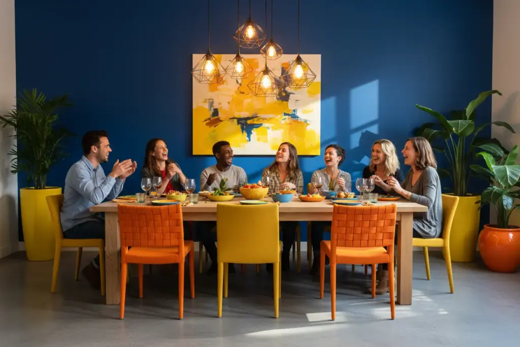 Quais Cores que Combinam com Azul para Pintar Paredes? Saiba Como Escolher a Combinação Perfeita! 2 Sala de jantar com paredes azuis e detalhes de decoração em amarelo