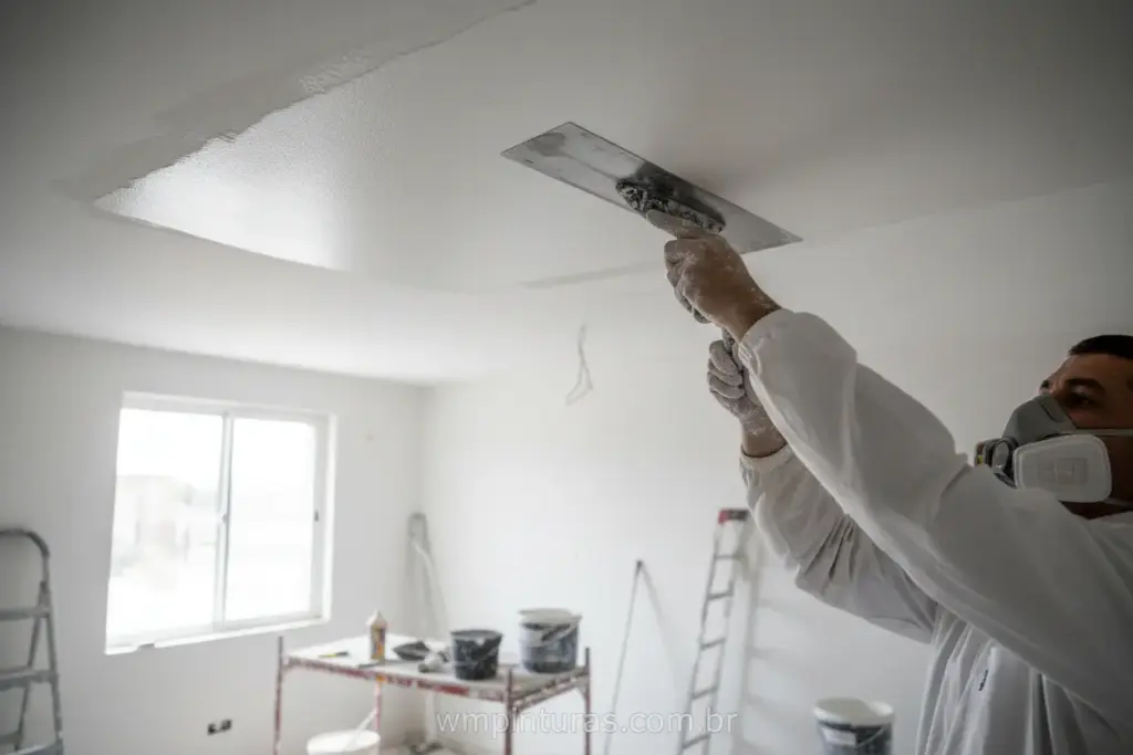 Pessoa aplicando massa corrida no teto para alisá-lo