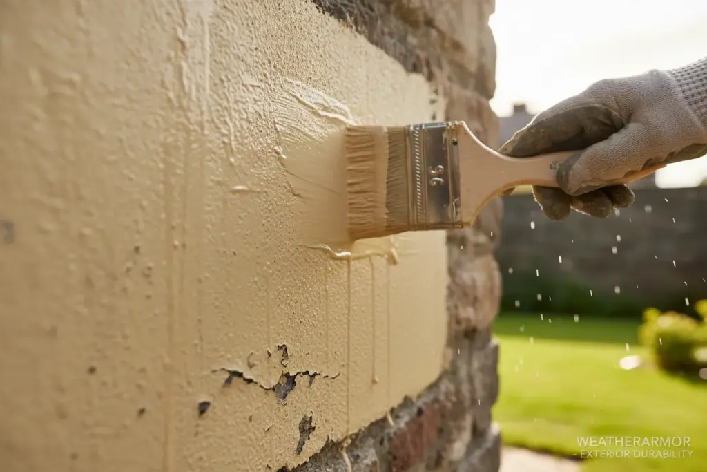 Aplicação técnica de tinta cor camurça em muro externo