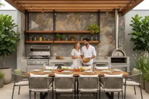 Parede de cimento queimado em área gourmet moderna