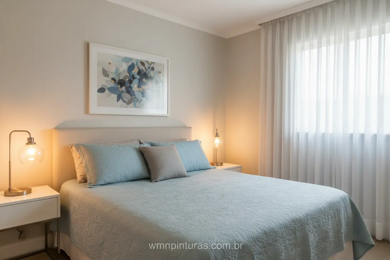 Quarto com cor pérola na parede, combinada com azul e cinza, criando um ambiente sereno.