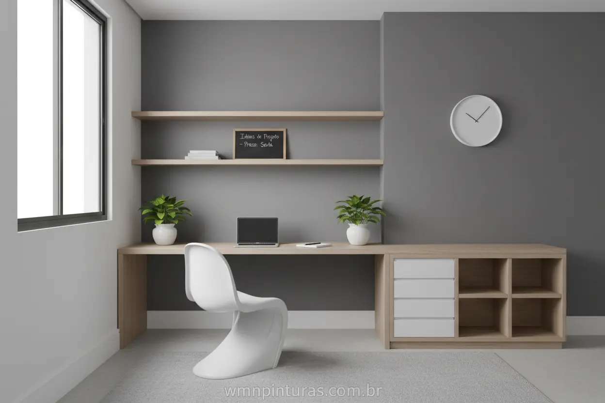 Escritório Monocromático Cinza Que cor combina com cinza para parede interna em escritório monocromático