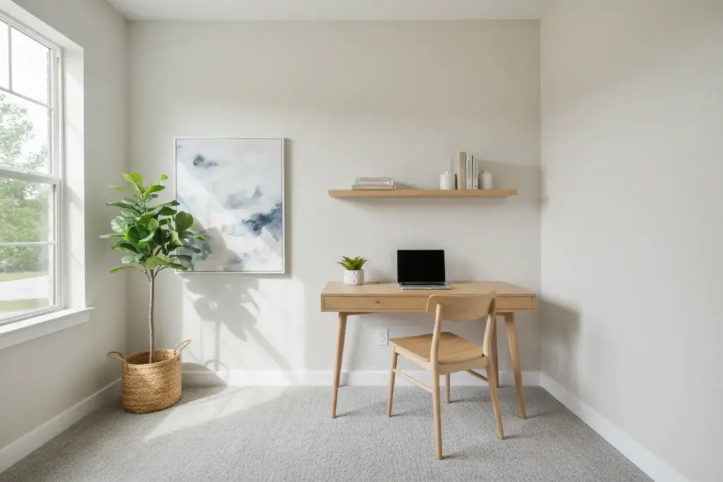Escritório off-white traz amplitude e clareza.