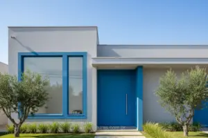 Casa moderna com fachada cinza e detalhes coloridos