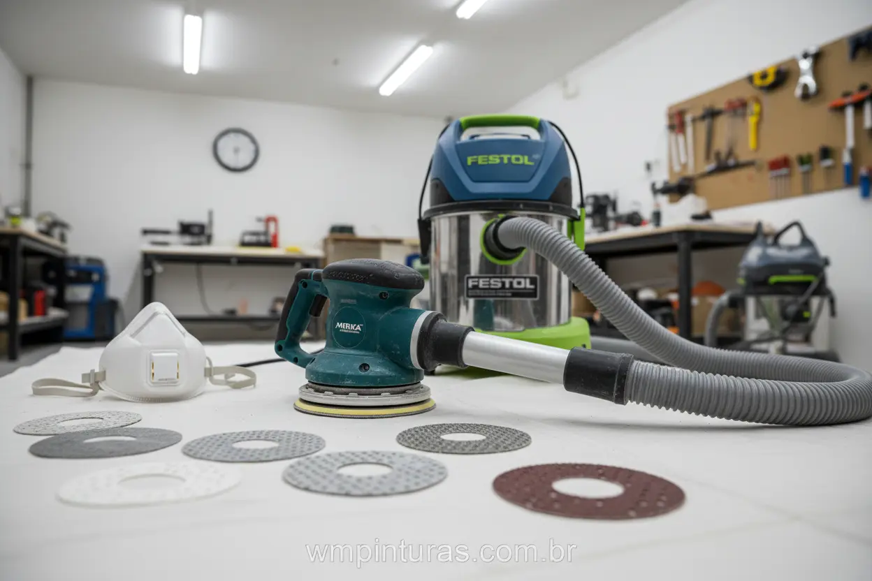 Lixadeira de teto, aspirador de pó e lixas para lixamento sem poeira.