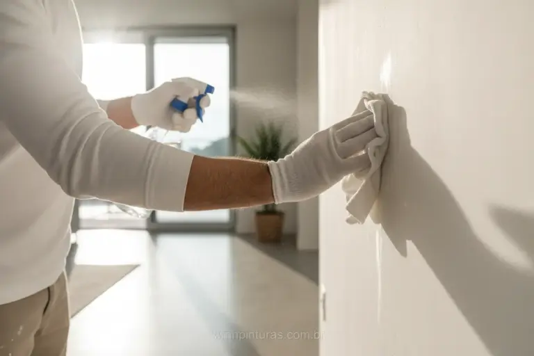 Mulher limpando parede de gesso branca