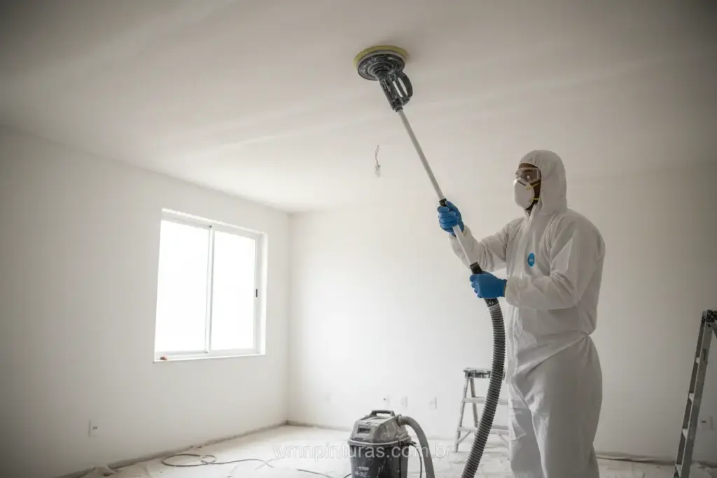 Pessoa lixando teto com lixadeira de longo alcance e aspirador de pó.