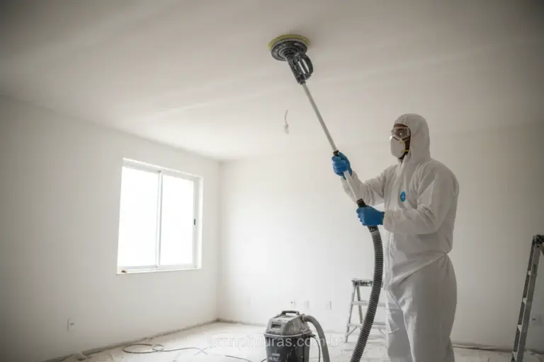 Pessoa lixando teto com lixadeira de longo alcance e aspirador de pó.