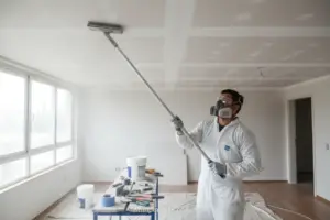 Homem lixando teto com desempenadeira, preparando a superfície para pintura.