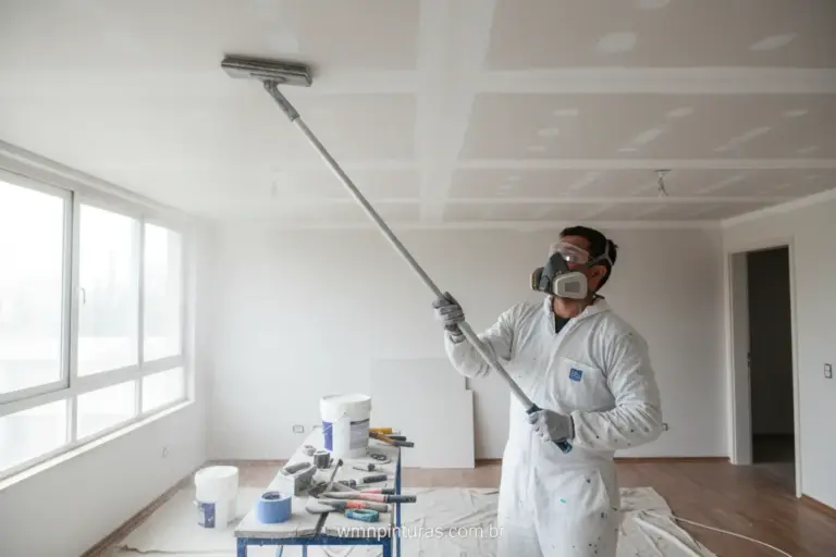 Homem lixando teto com desempenadeira, preparando a superfície para pintura.