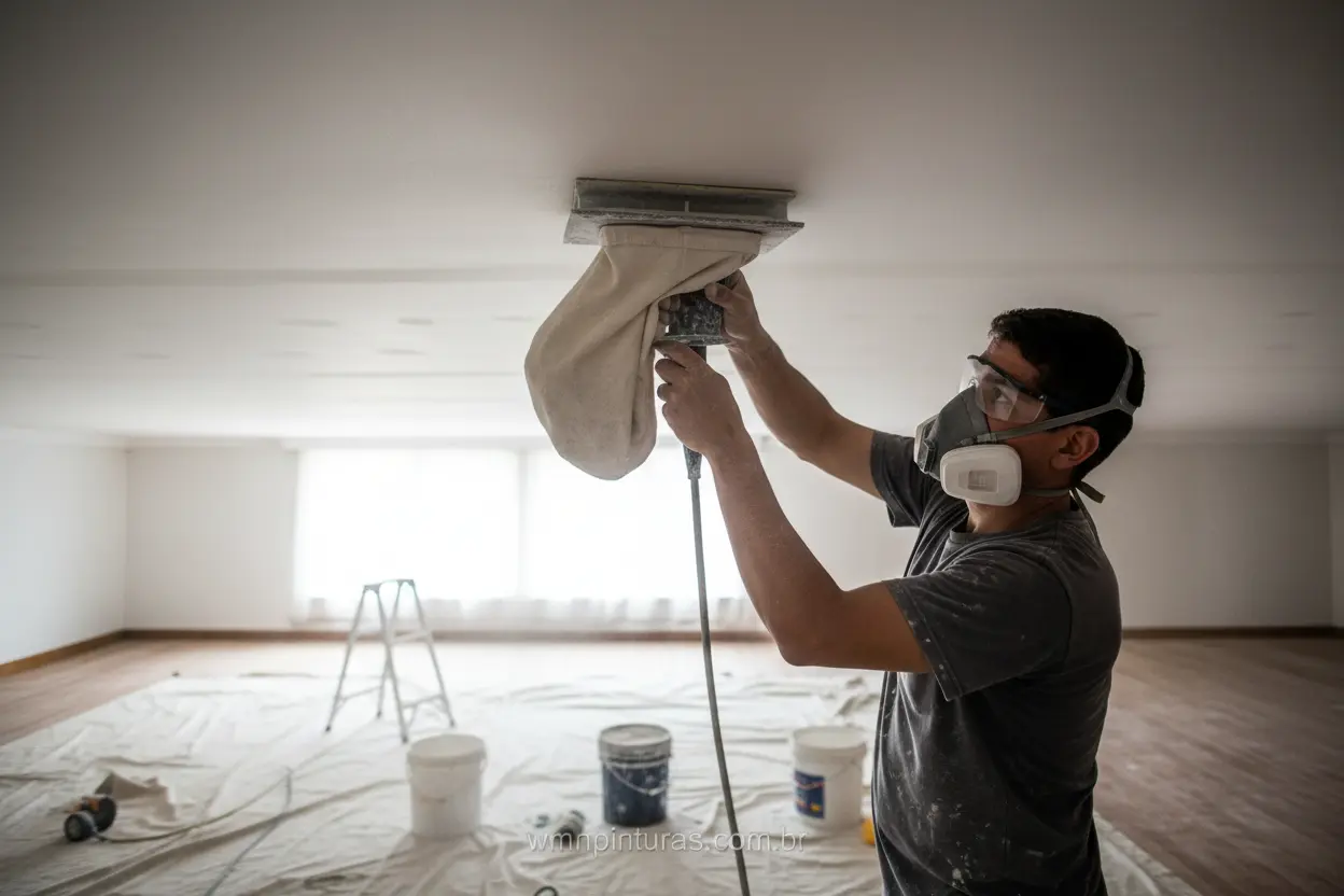 Como lixar teto sem fazer poeira usando técnicas manuais e sacos coletores.