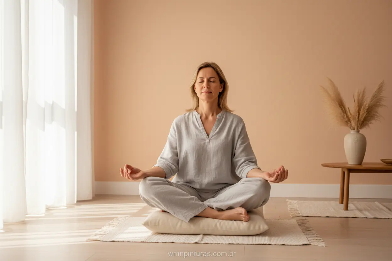 Quarto com paredes cor pêssego promovendo relaxamento
