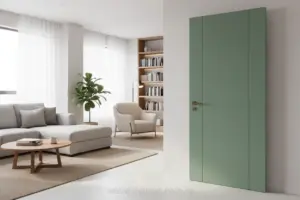 Porta interna pintada de verde sálvia em sala moderna