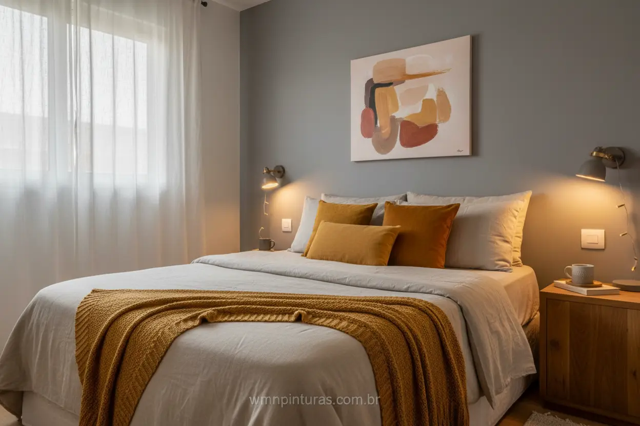 Quarto Cinza e Amarelo Mostarda Quarto com parede cinza e elementos decorativos em amarelo mostarda