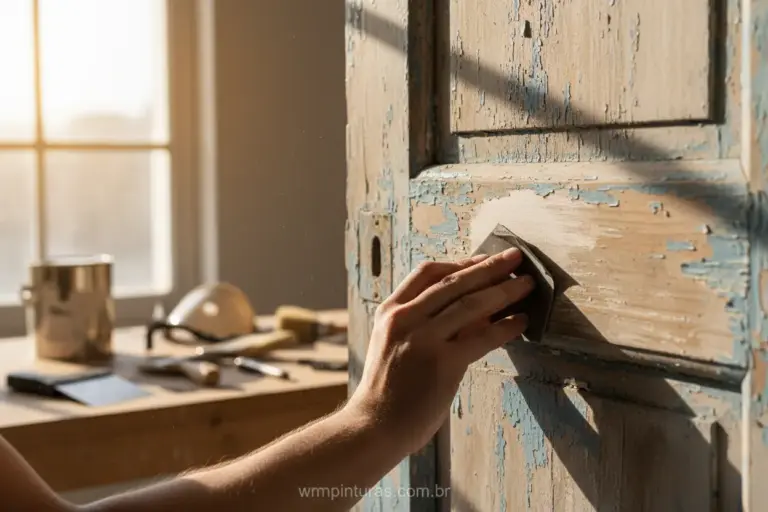 Mãos lixando porta de madeira pintada