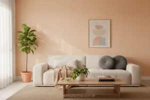 Cor pêssego na parede de uma sala moderna e acolhedora