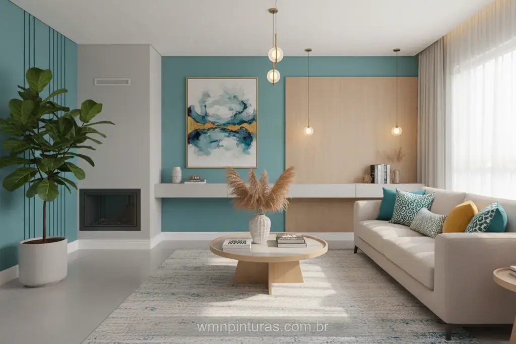 Sala de estar com parede cinza e detalhes em azul turquesa