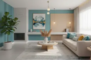 Sala de estar com parede cinza e detalhes em azul turquesa