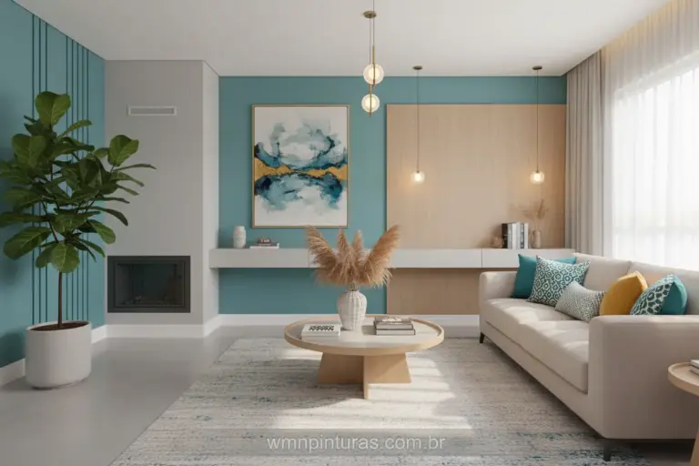 Sala de estar com parede cinza e detalhes em azul turquesa