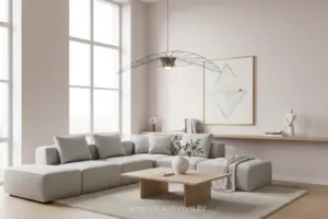 Sala de estar moderna com paredes na cor pérola, mobiliário neutro e iluminação natural.