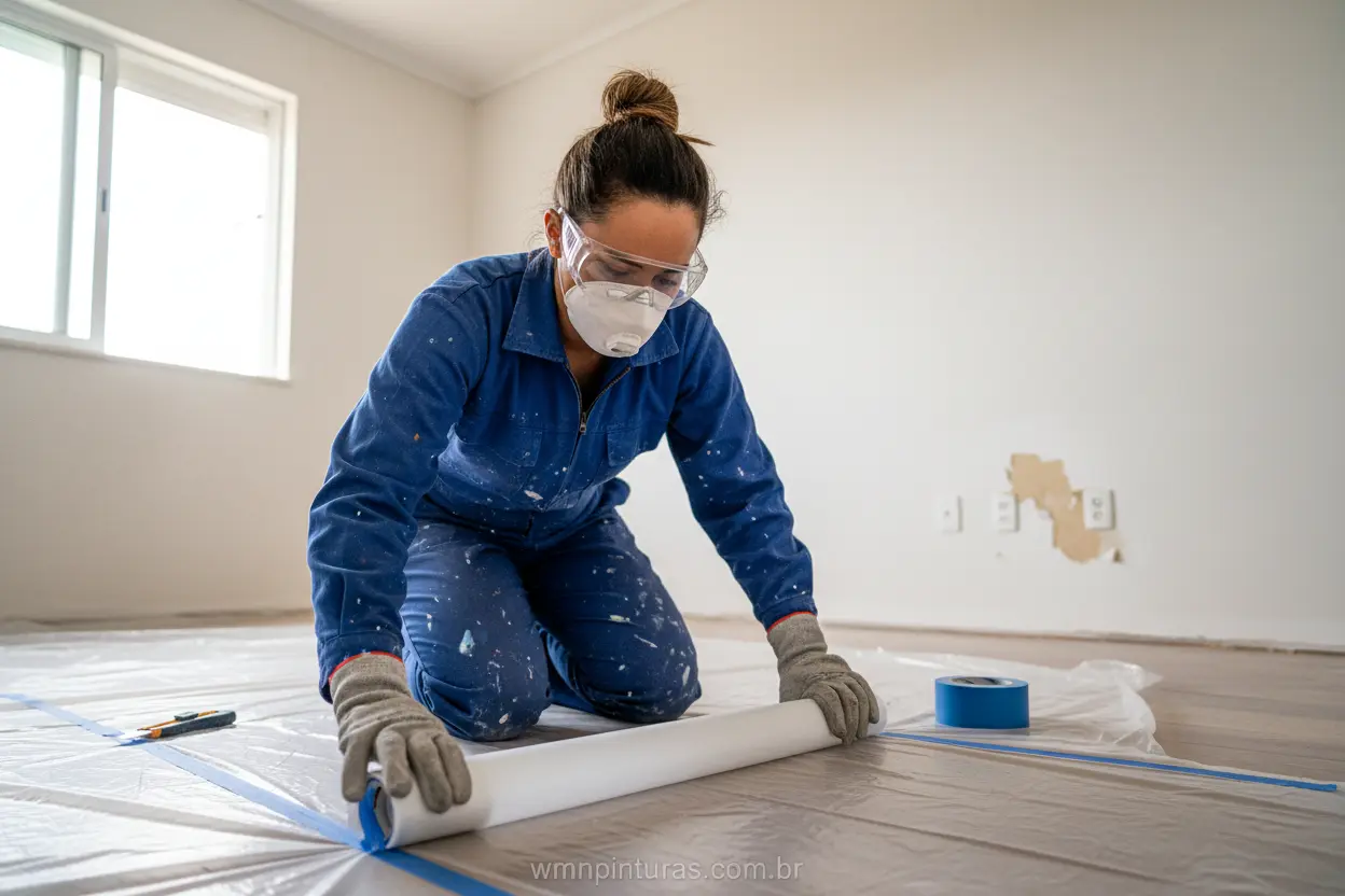 Pintor com EPI preparando parede para lixar