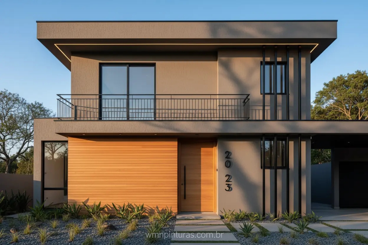 Tendências de Cores para Fachadas Fachada moderna com cinza quente e detalhes em madeira