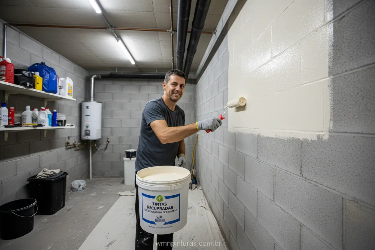Pessoa pintando parede de garagem, ilustrando quando investir em tinta recuperada.