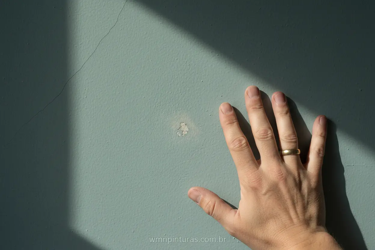 Parede de quarto com rachadura sutil, mostrando desgaste da pintura.