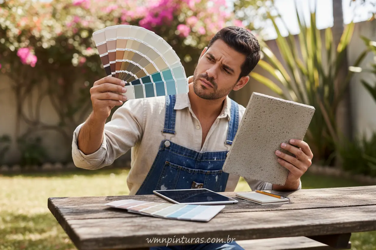 Melhores tintas para ambiente externo: pessoa escolhendo cor e tipo de tinta para parede.