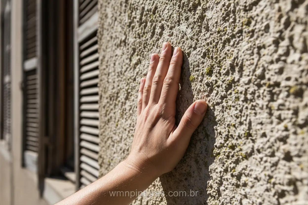 Mão tocando parede de grafiato resistente