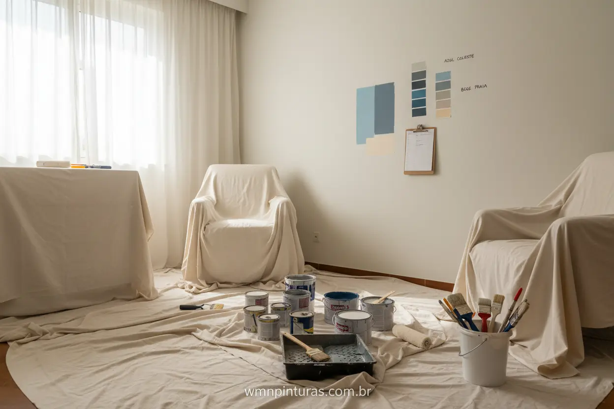 Quando realizar repintura no quarto: materiais de pintura organizados em um quarto.