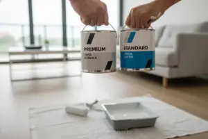 Pintor comparando latas de tinta em ambiente residencial