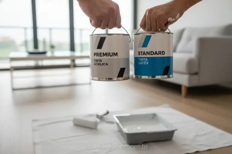 Pintor comparando latas de tinta em ambiente residencial