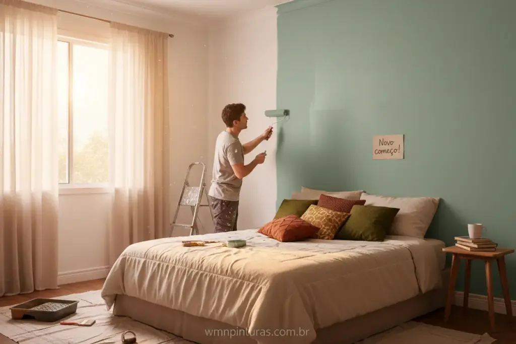 Pessoa pintando parede de quarto com rolo, indicando repintura.